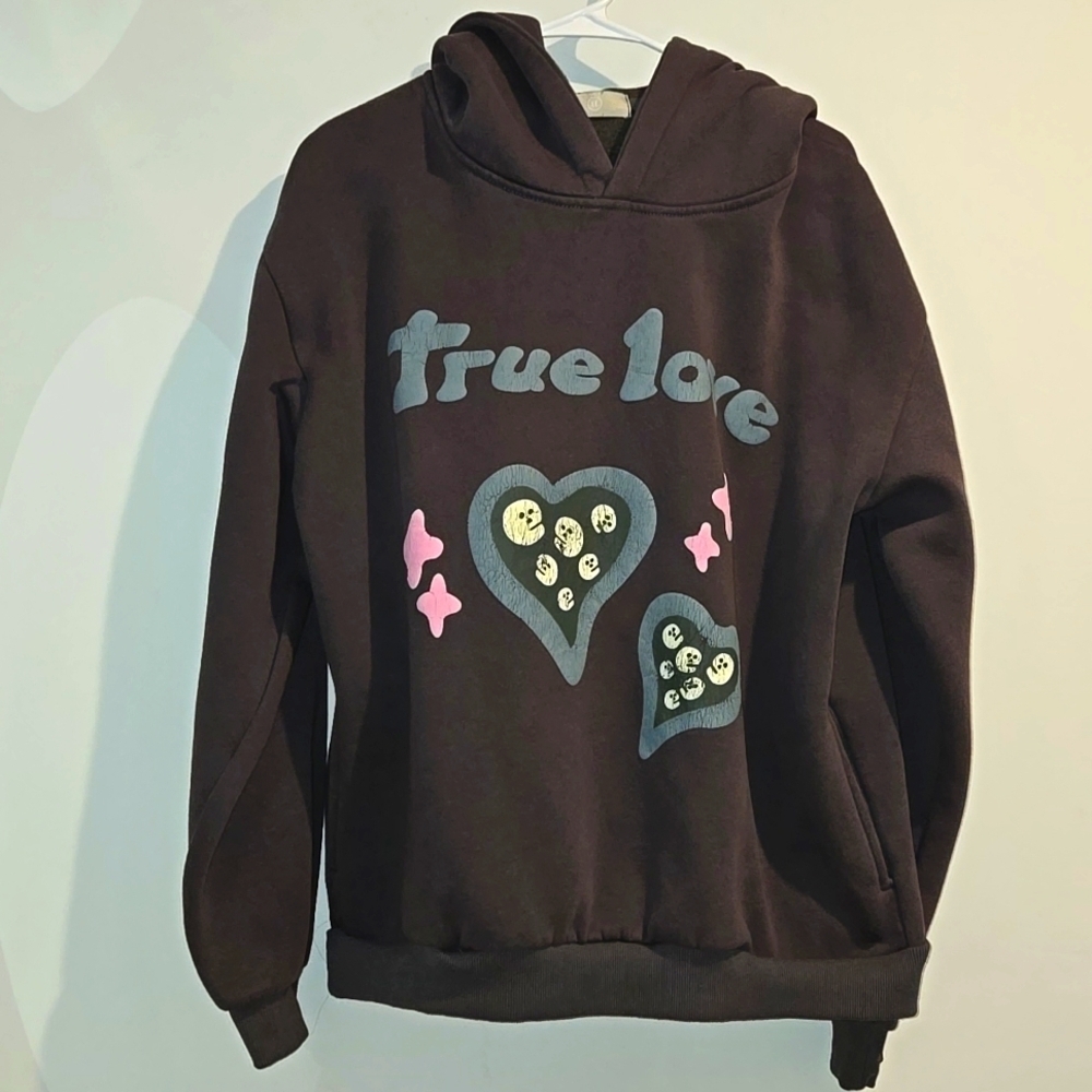 True Love gray blue pink hoodie. Size XL. Worn distressed look. - Picture 1 of 6
